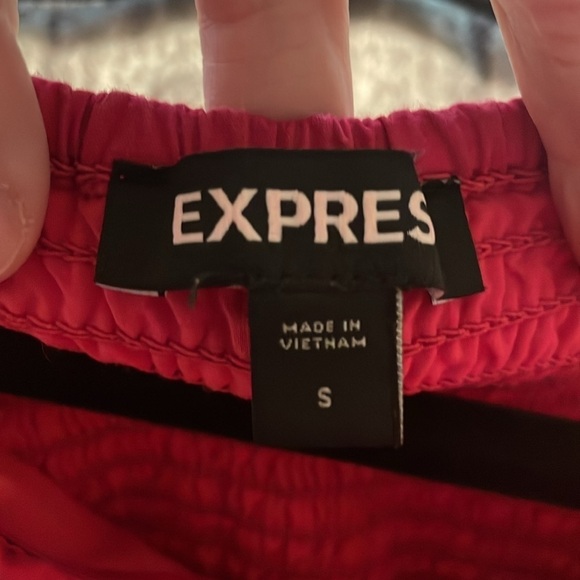 Express Women’s Peplum Top Small Hot Pink Cross Front Smock Back Balloon Sleeve - Picture 8 of 14